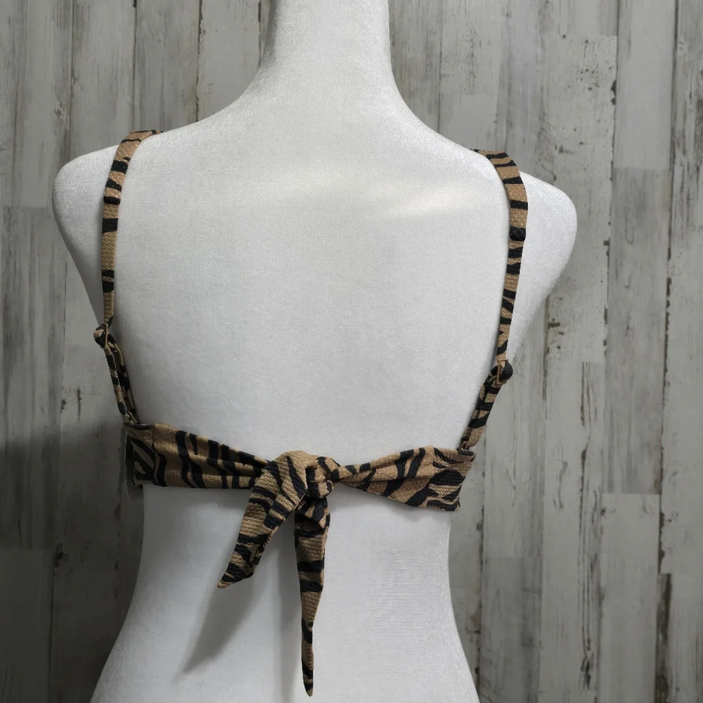 Aerie Pique Brown Animal Print Tie Back Longline Triangle Bikini Top Size Medium